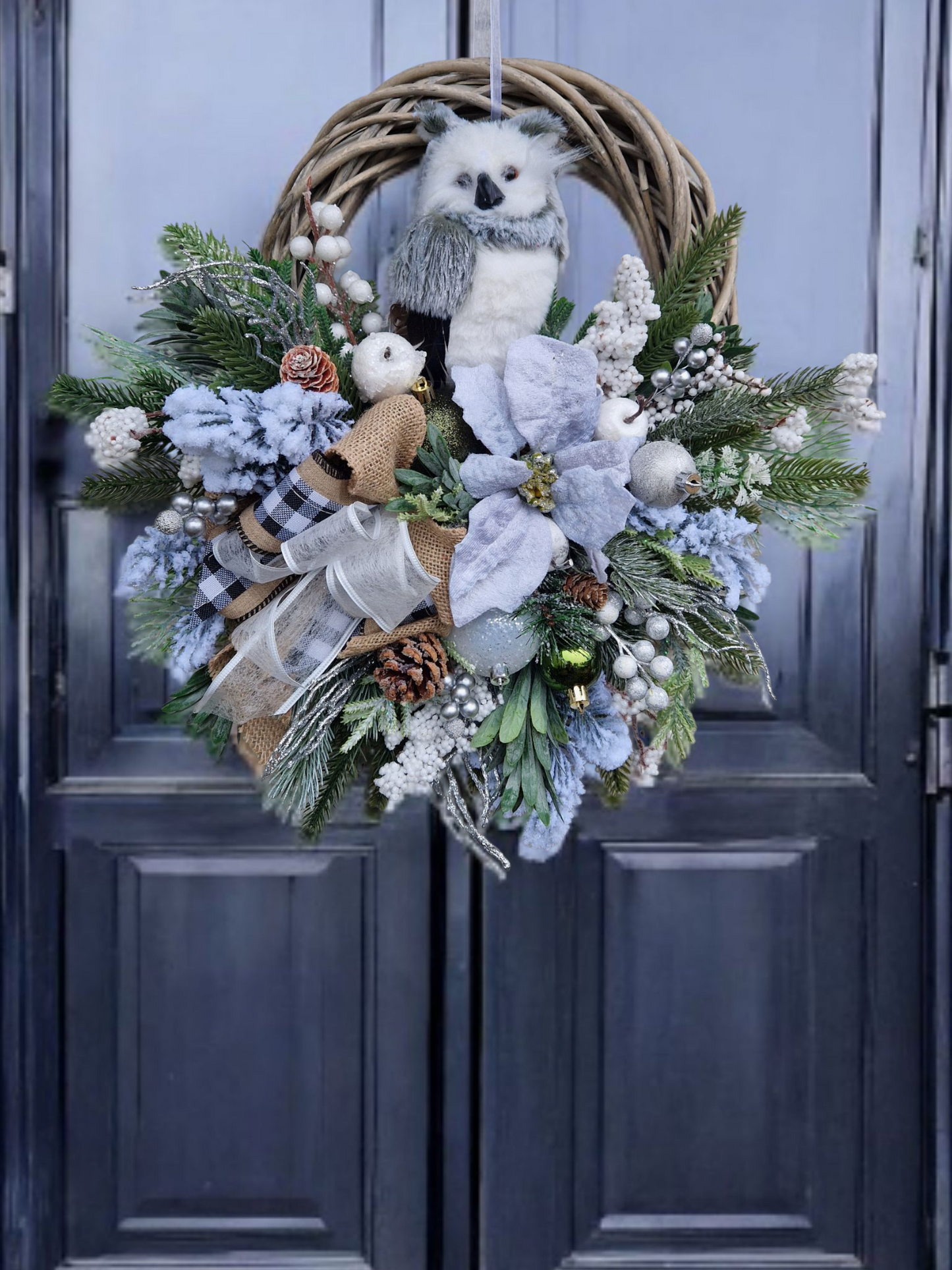 Christmas door wreath with owl
