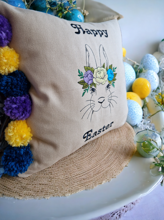 Easter embroidered cushion with pompoms