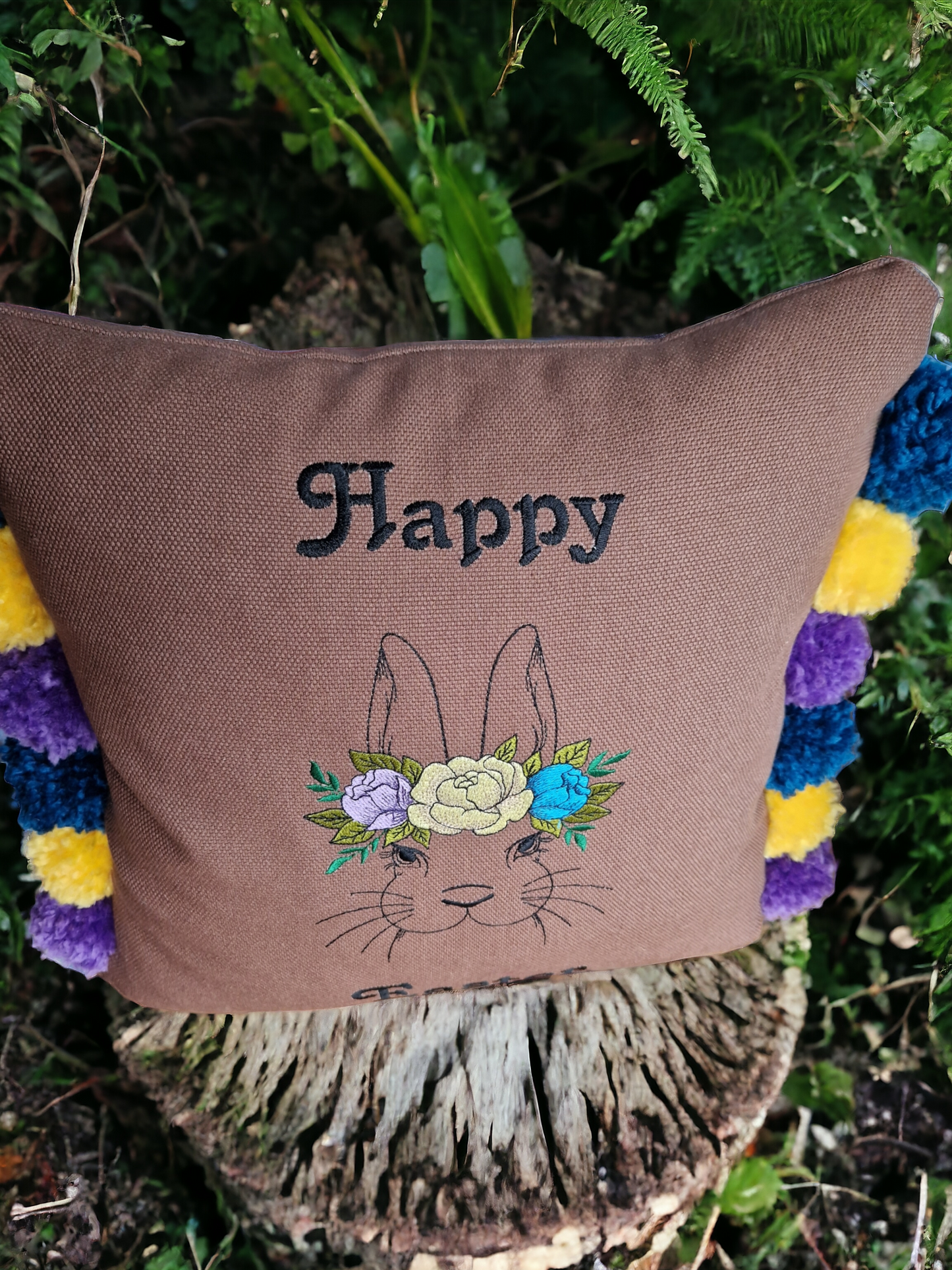 Easter embroidered cushion with pompoms