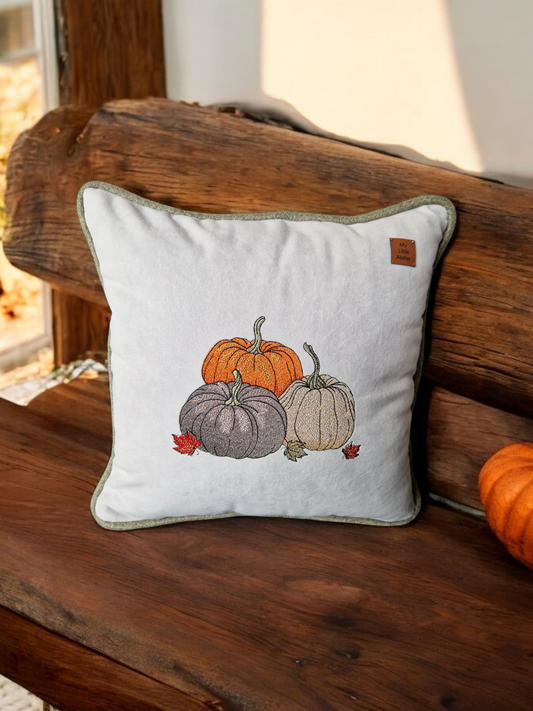 Embroidered "triple pumpkin" light grey cushion