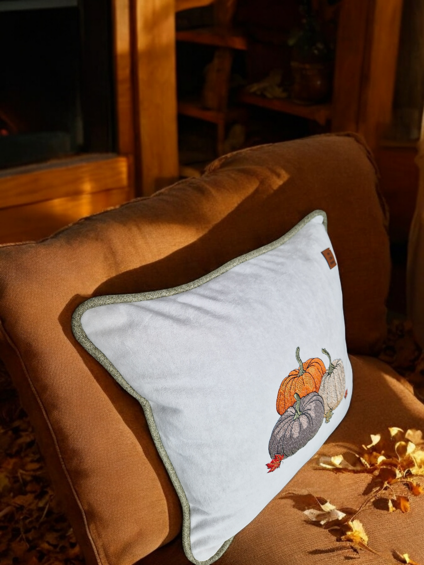 Embroidered "triple pumpkin" light grey cushion