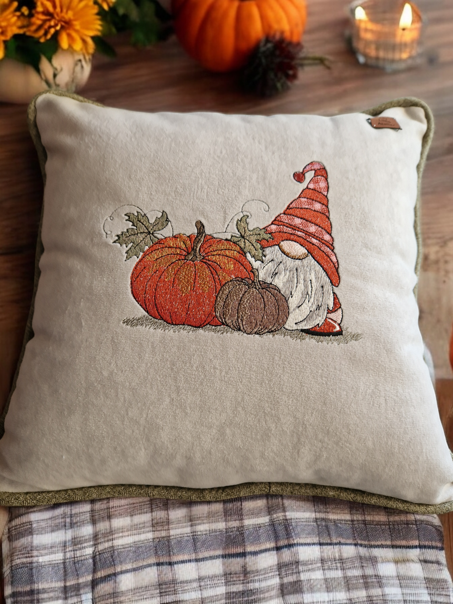 Embroidered cushion "Autumn Gnome"