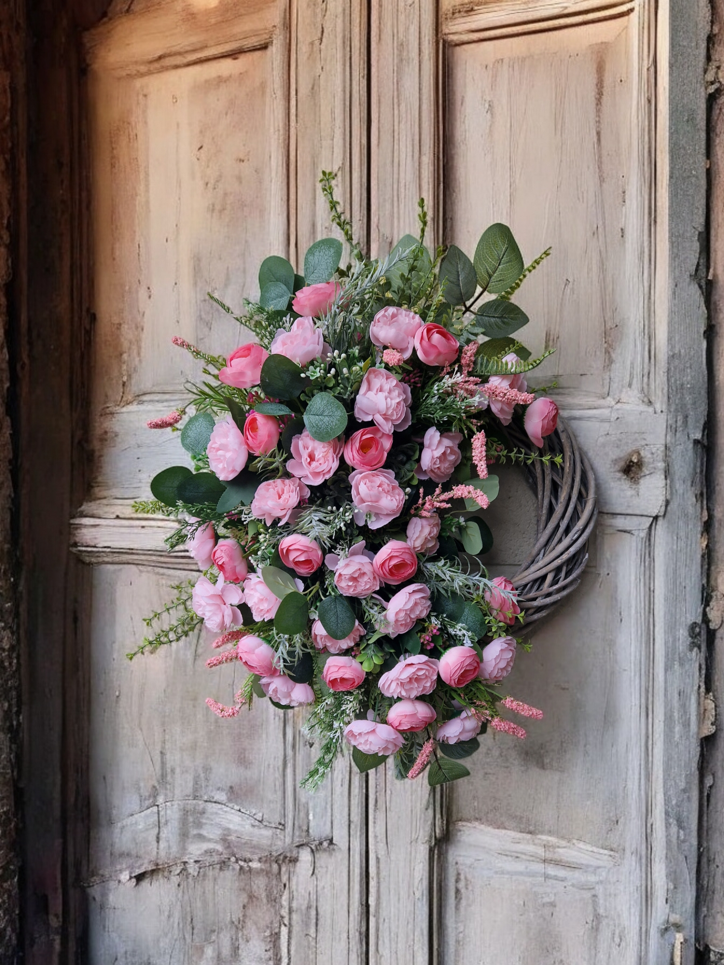 Pink floral door wreath