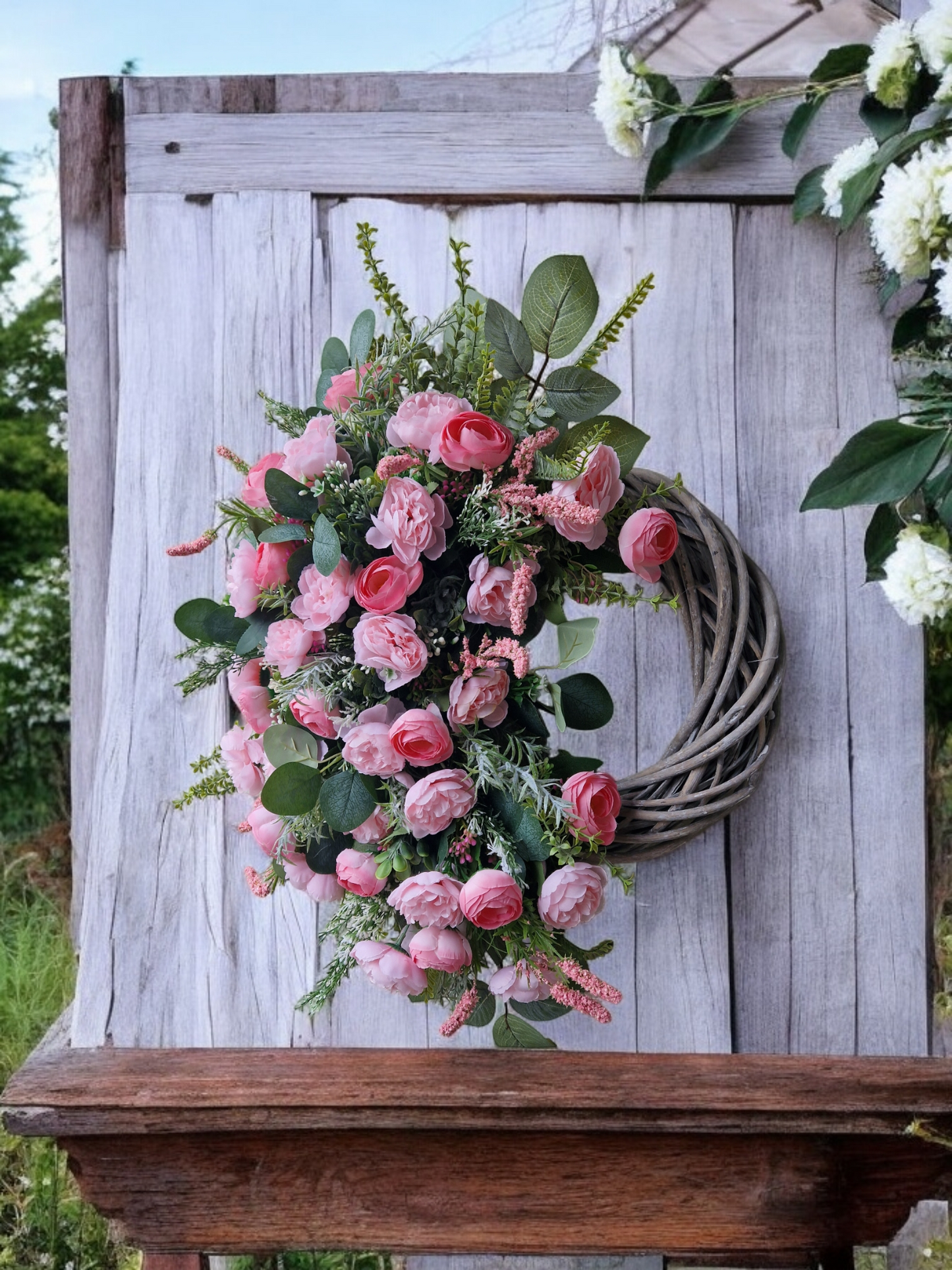 Pink floral door wreath