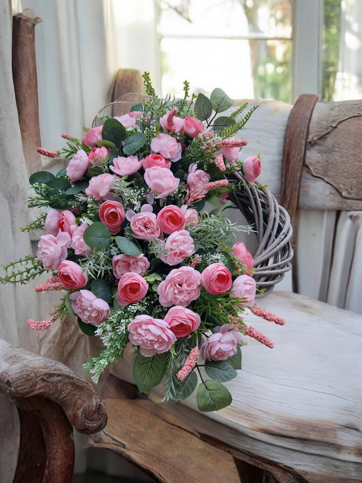 Pink floral door wreath