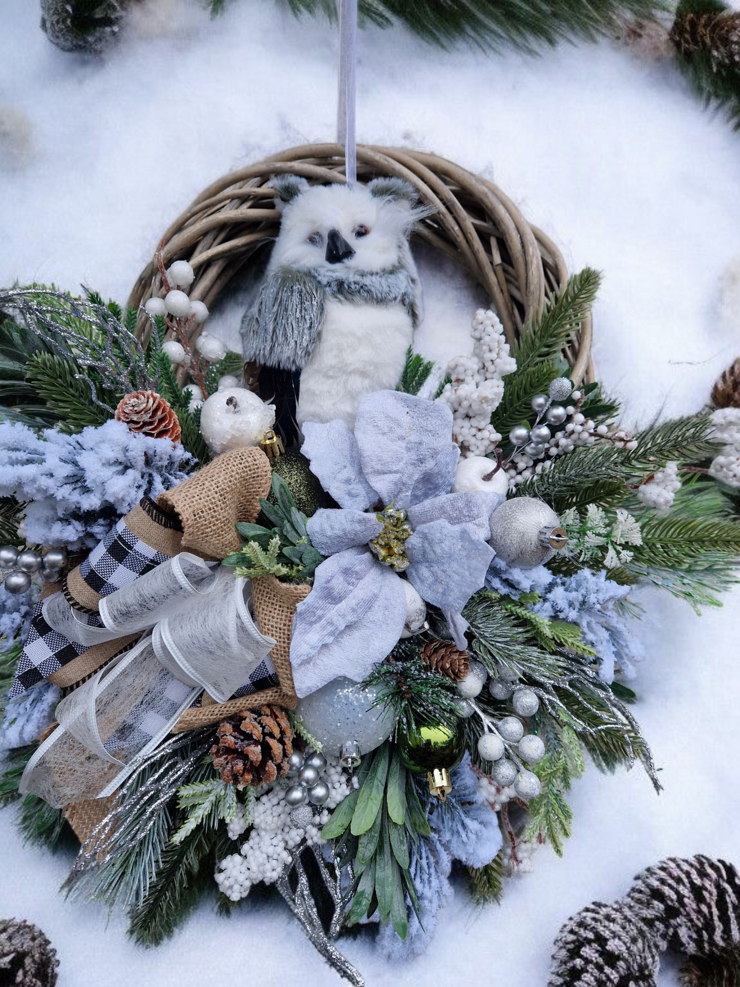 Christmas door wreath with owl