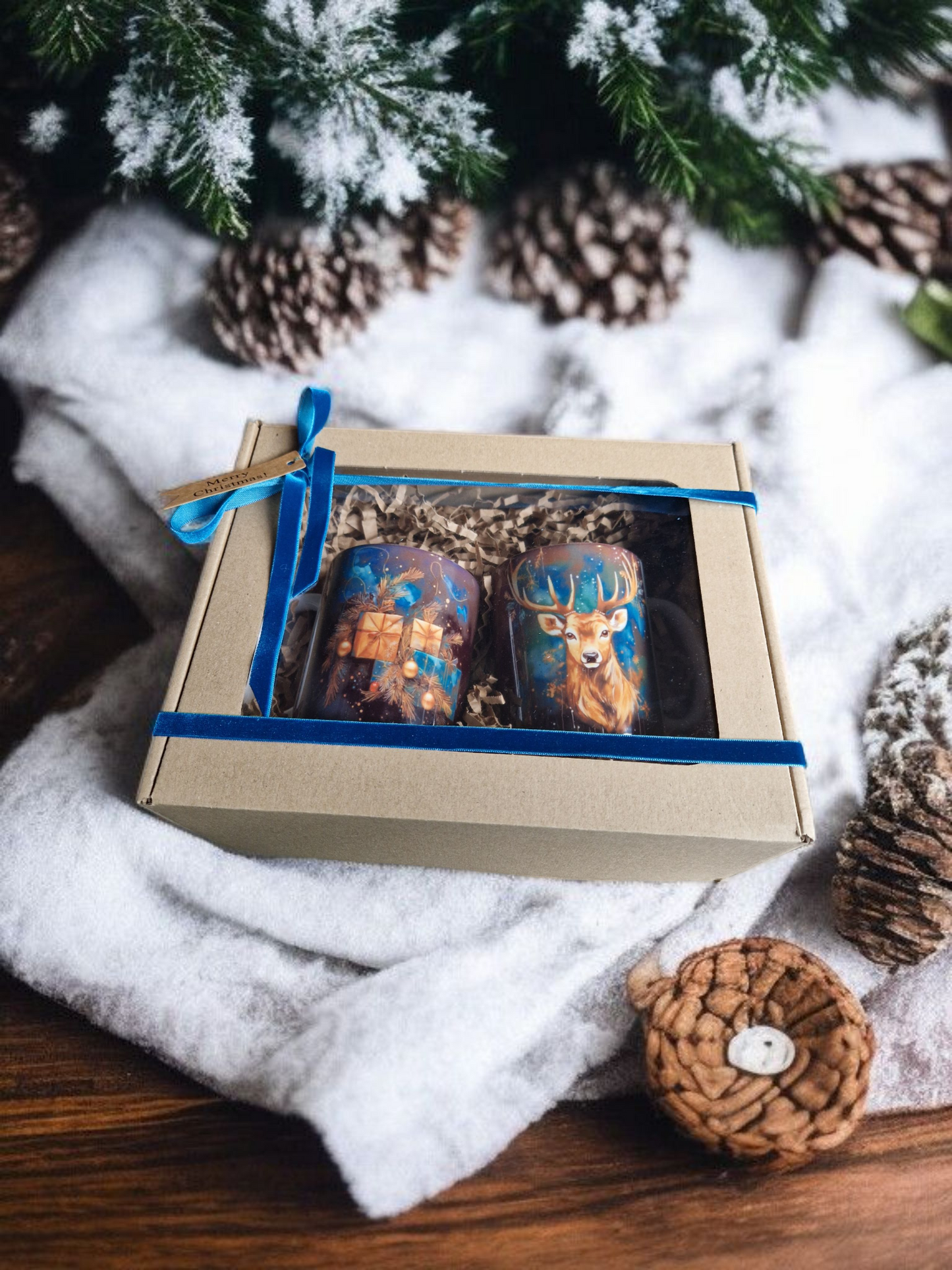 Christmas blue mugs gift box