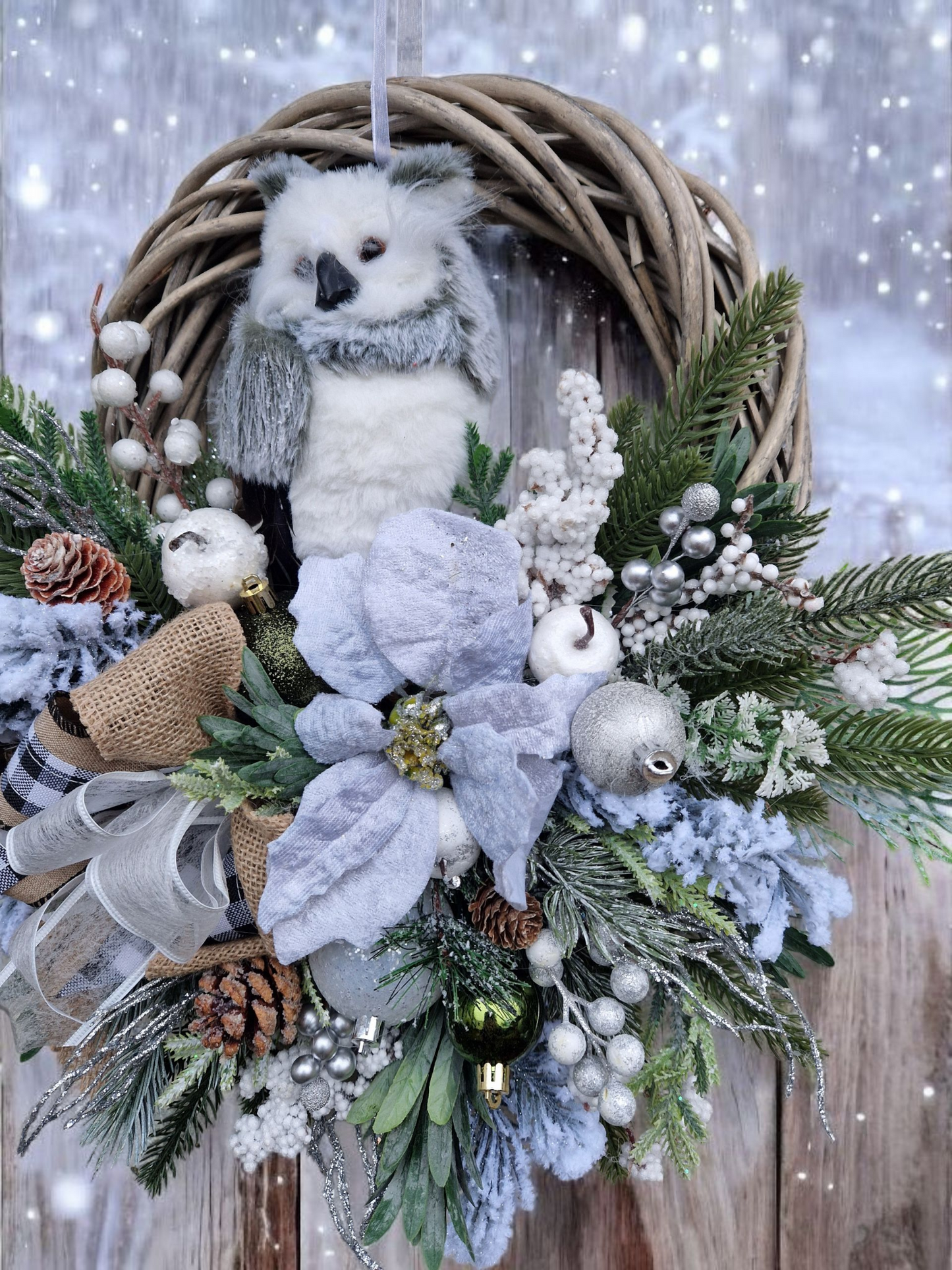 Christmas door wreath with owl