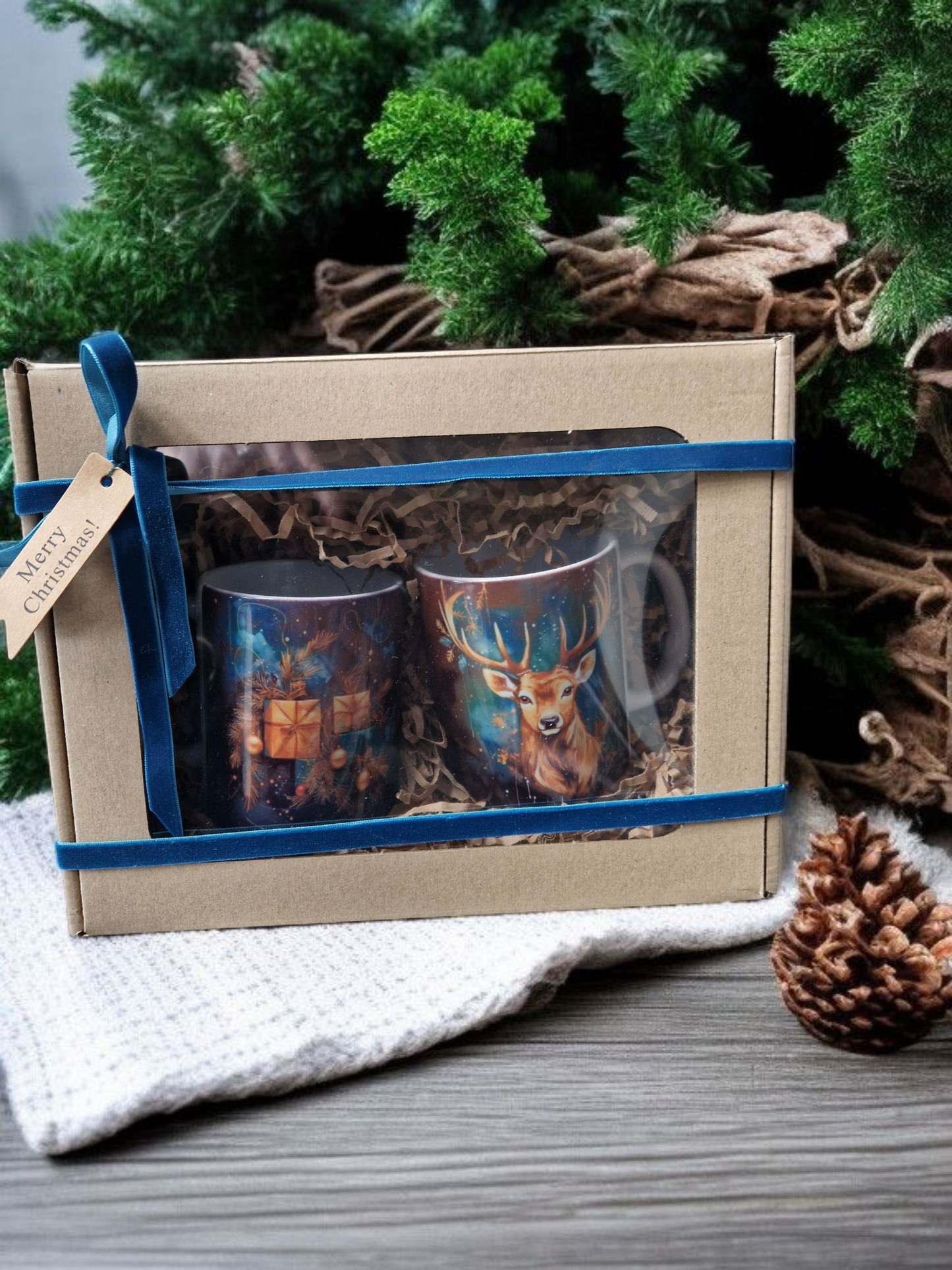 Christmas blue mugs gift box