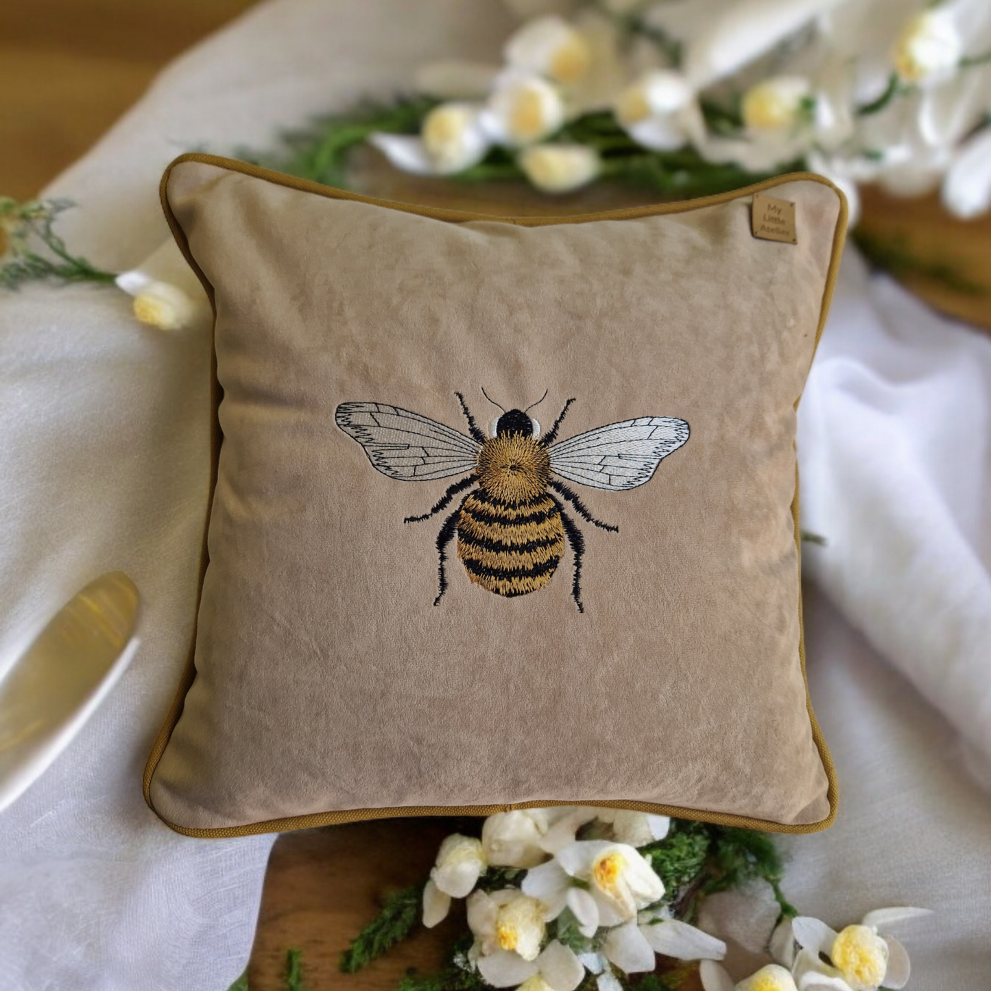 Embroidery "Bee" velvet cushion