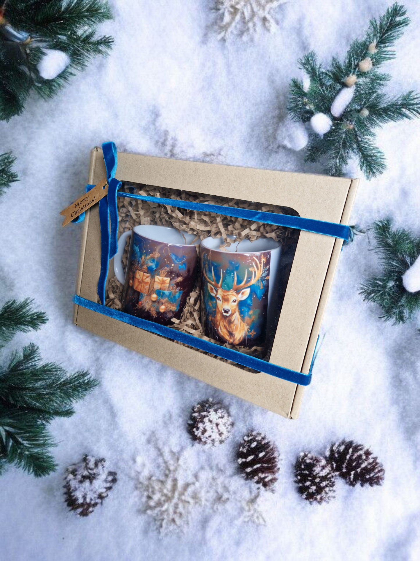 Christmas blue mugs gift box