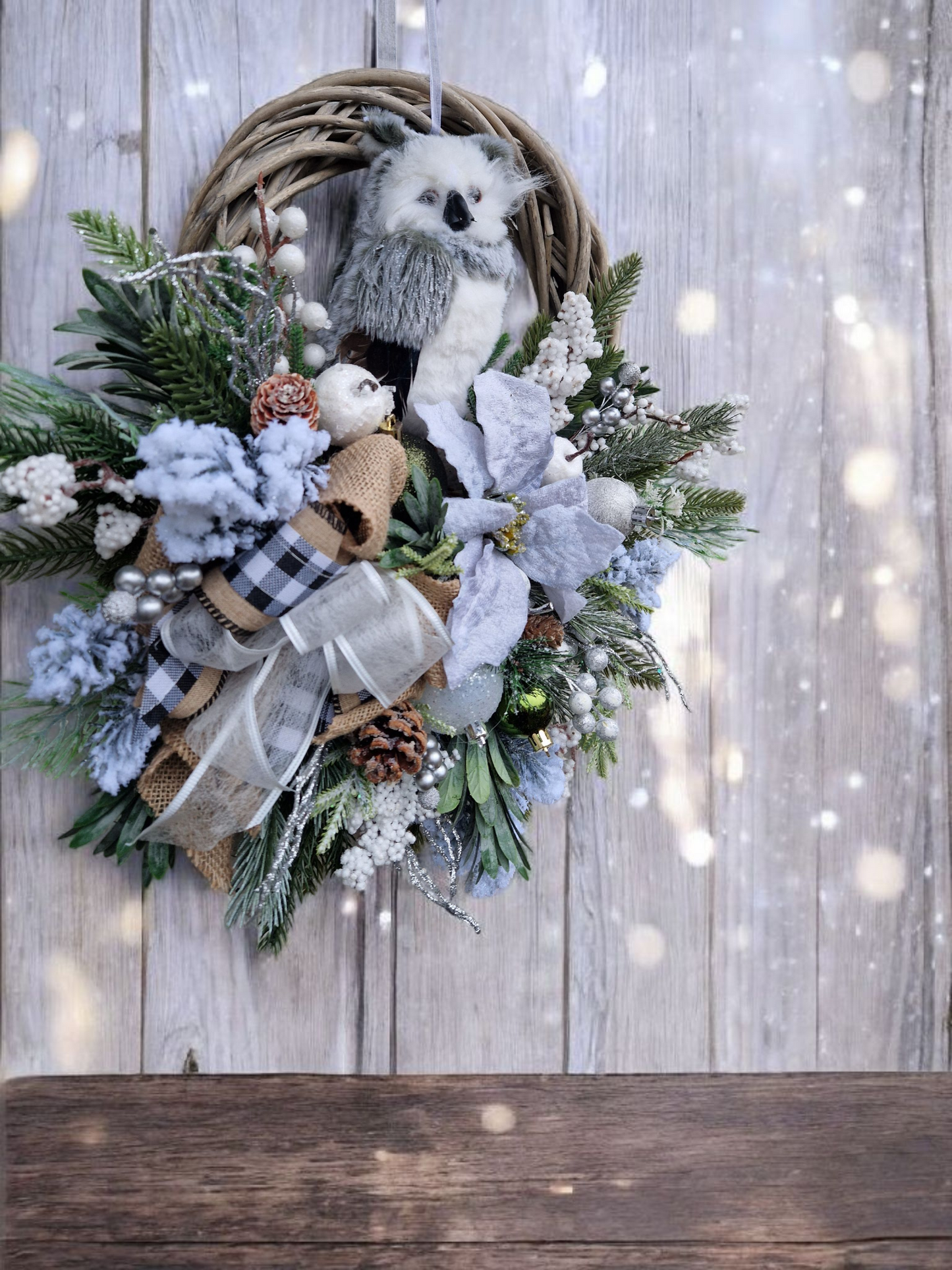 Christmas door wreath with owl