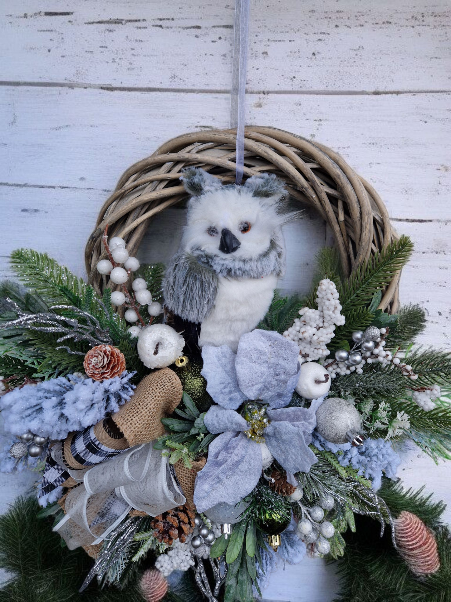 Christmas door wreath with owl