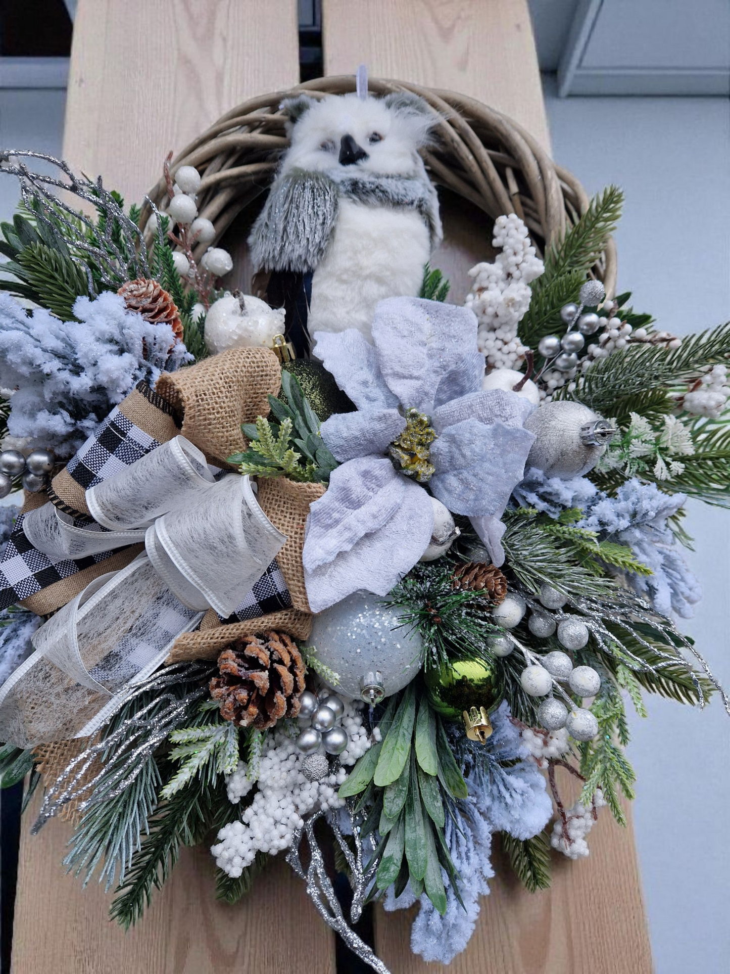 Christmas door wreath with owl