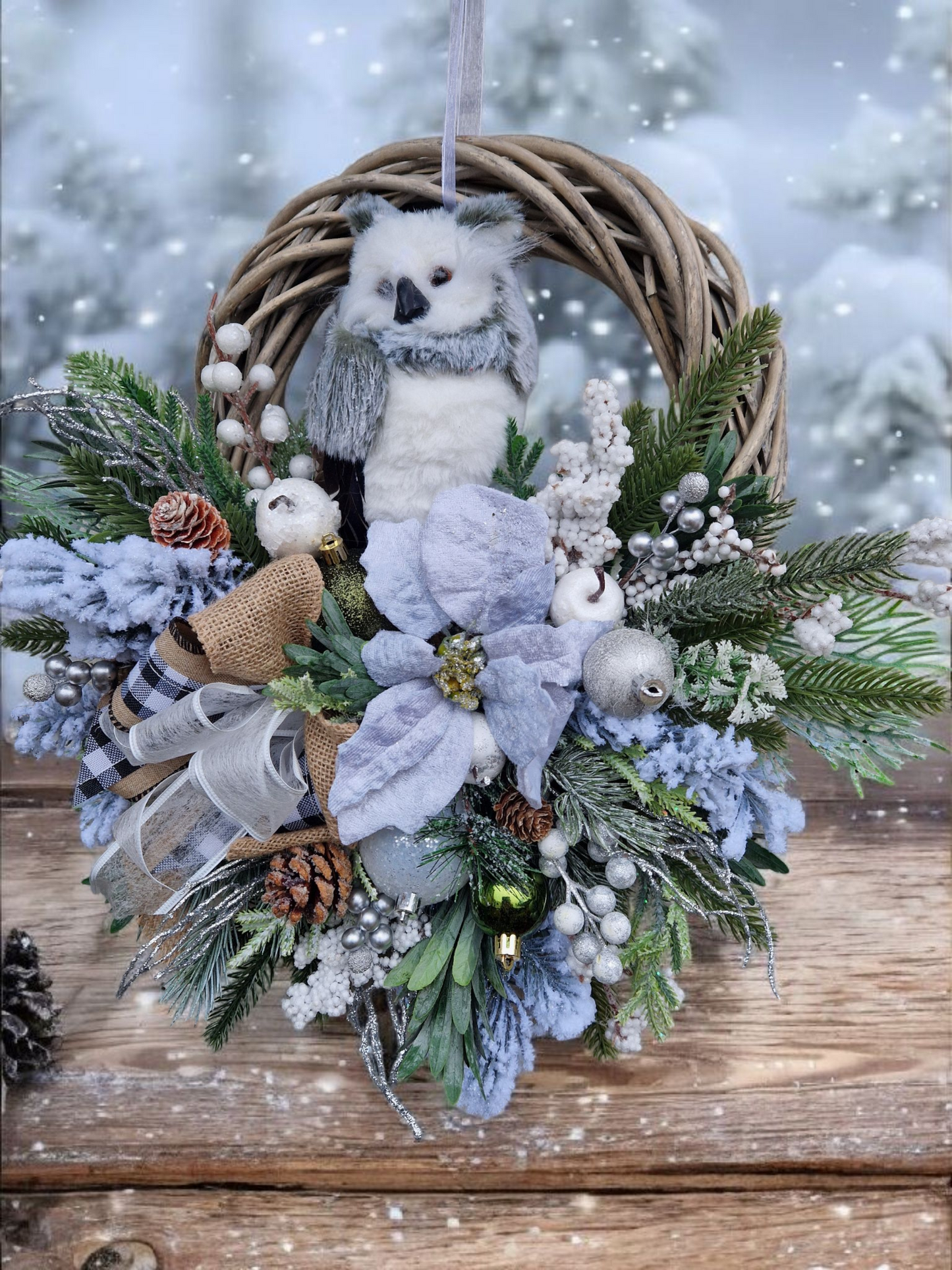 Christmas door wreath with owl
